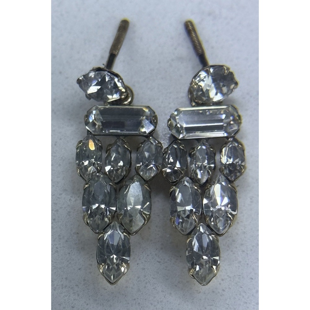 Vintage 12K GF Screw Back Earrings Clear Rhinestones Art Deco Dangle G Marked